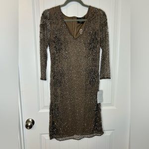 NWT w Defect PISARRO NIGHTS Beaded V-neck Cocktail Dress SIZE 6 Tan Brown